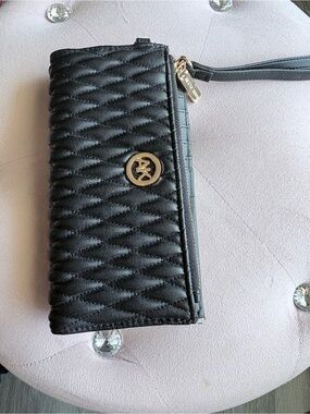 AK Black Quilted Wristlet Clutch with Gold Logo
